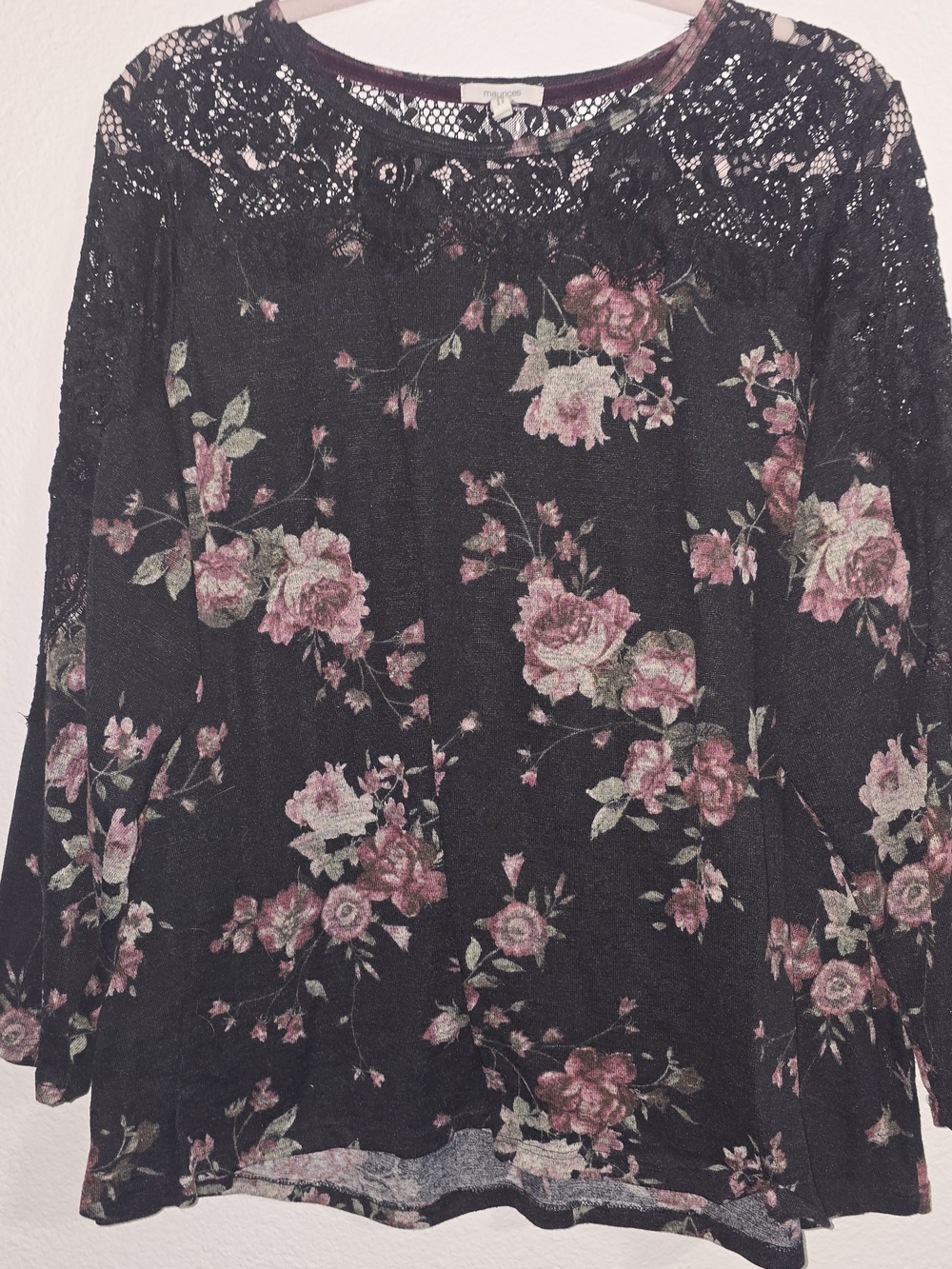 Maurices Black Floral Lace Yoke Long Sleeve Top